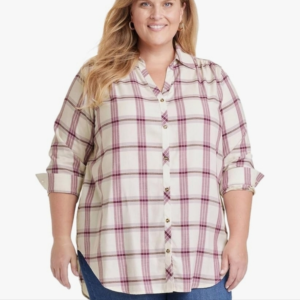 NWT Knox Rose Women's Plaid Button Down Tunic Shirt Top XXL